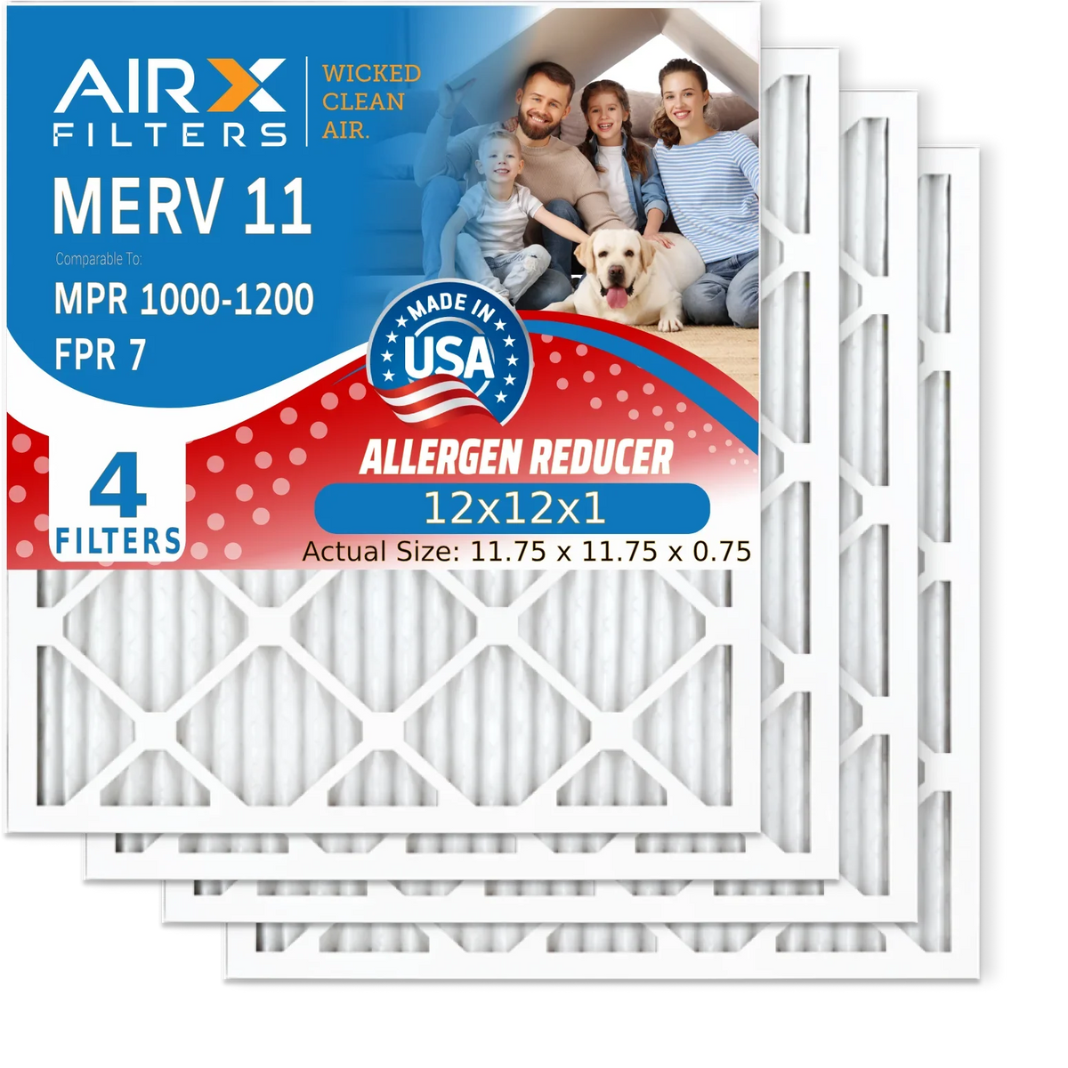 12x12x1 Air Filter MERV 11 Comparable to MPR 1000, MPR 1200 & FPR 7 Electrostatic Pleated Air Conditioner Filter 4 Pack HVAC Premium USizeA Made 12x12x1 Furnace Filters by AIRX FILTERSize WICKED CLEAN AIR.