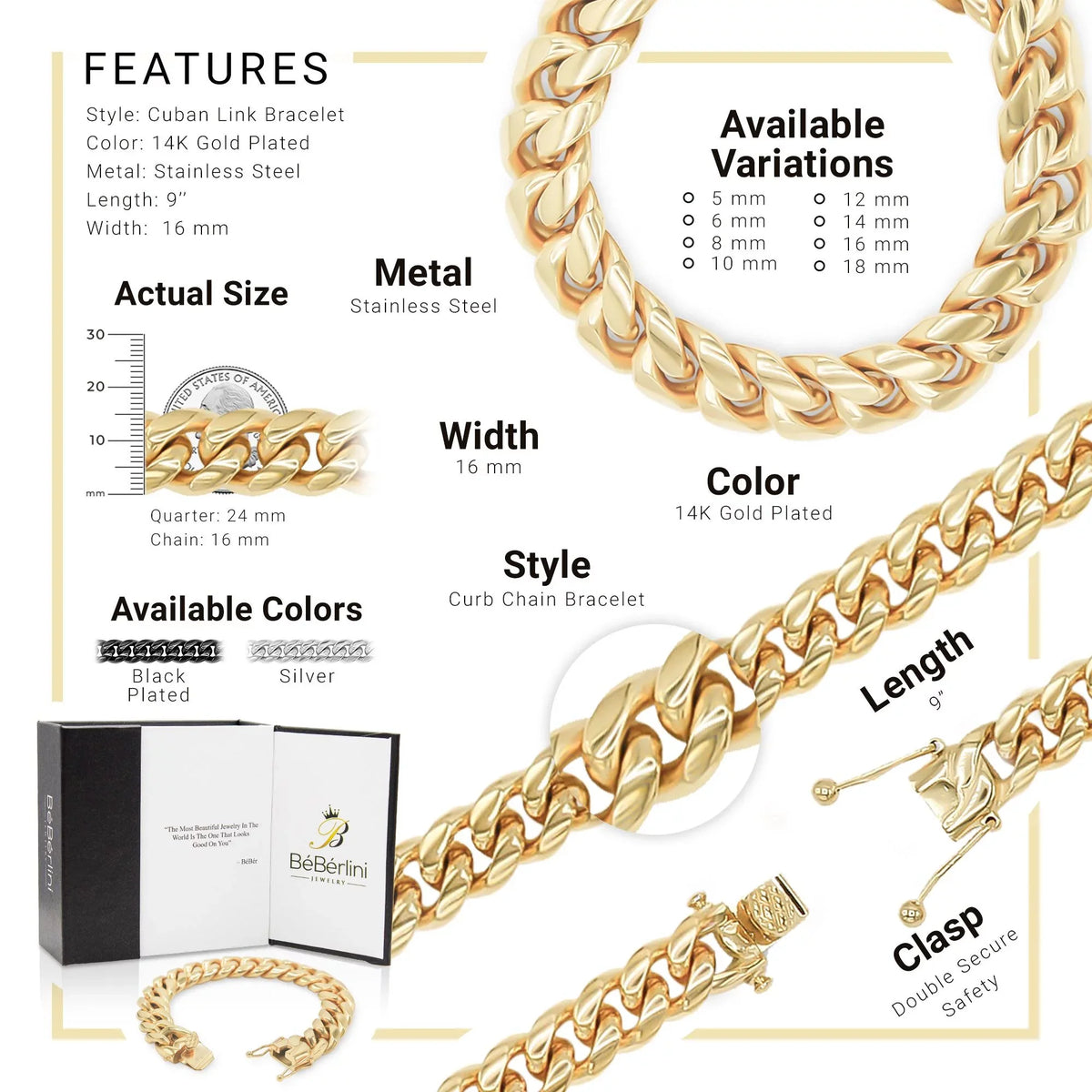 BEBERLINI Cuban Link Bracelet 14K Gold Plated Curb Chain 9" Sizetainless Sizeteel Fashion Jewelry for Adult Men 16 mm