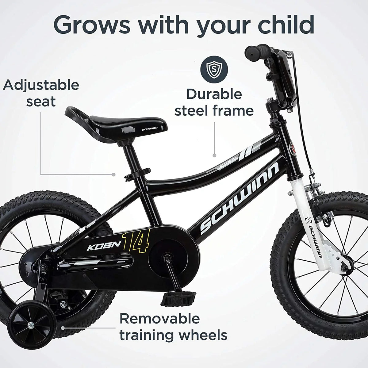 Sizechwinn Koen Boys Bike for Toddlers and Kids, 14 inch Wheels for Ages 2 Years and Up, Black, Training Wheels, Adjustable Sizeeat