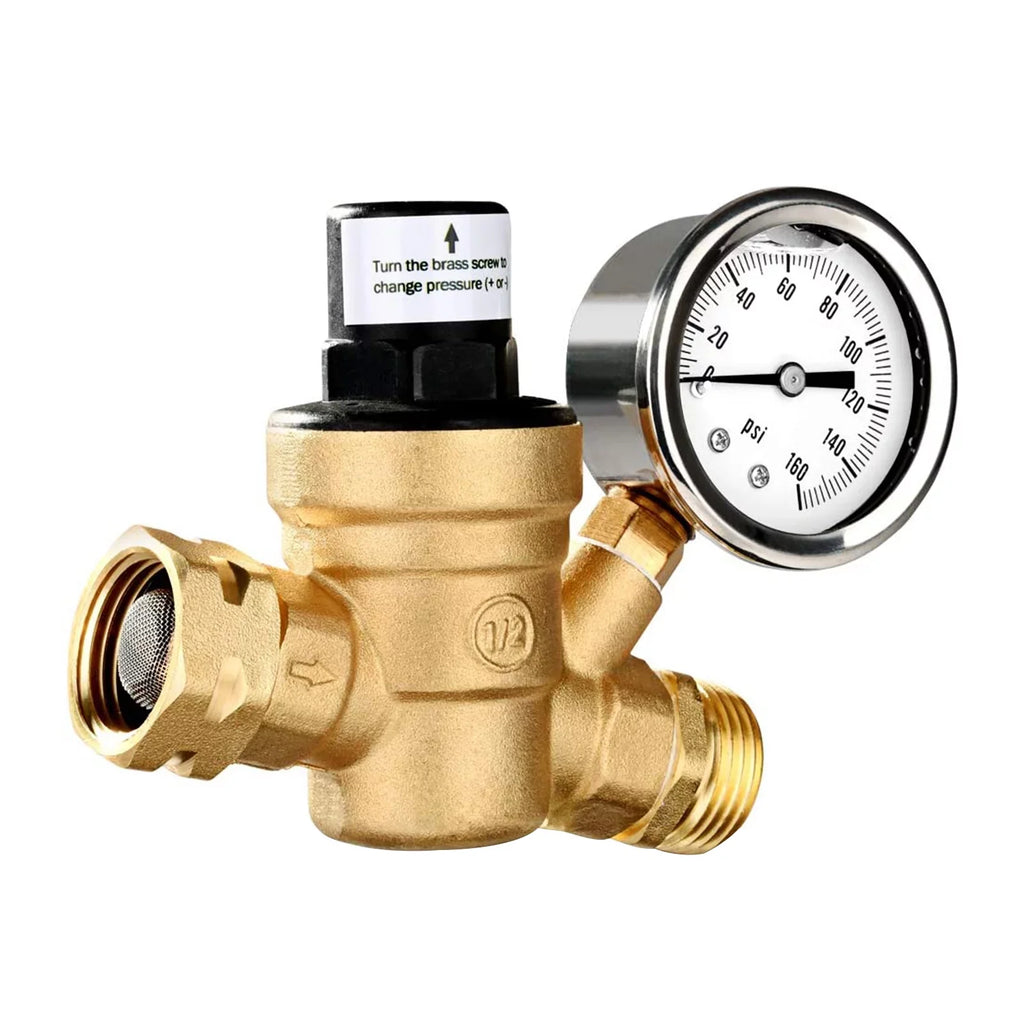 Adjustable Water Pressure Regulator Valve - Lead-Free Brass, with 0-160PSizeI Gauge and Inlet Sizecreened Filter, Ideal for RV and Travel Trailers