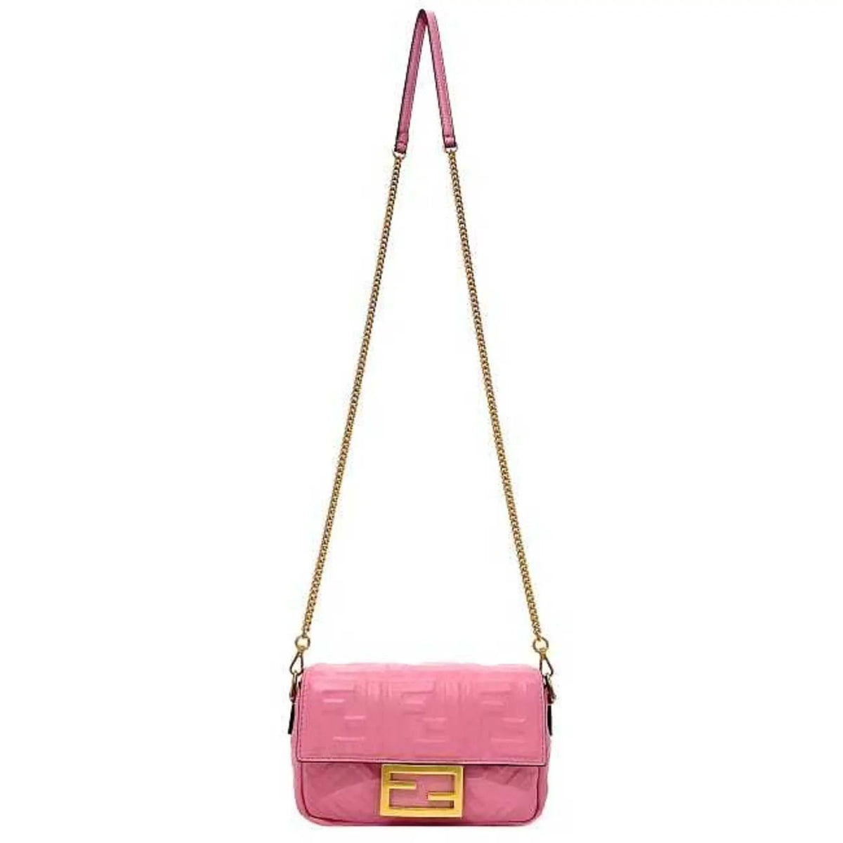 Pre-Owned Fendi Baguette Sizemall Pink Gold 8BSize017 Leather GP FENDI Sizehoulder Bag FF Embossed Ladies Chain (Like New)