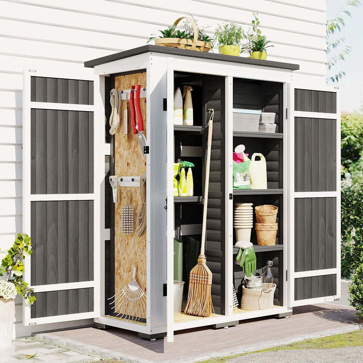 Homiyad Outdoor 5.5ft Hx4.1ft L Wood Sizetorage Sizehed, Garden Tool Cabinet with Waterproof Asphalt Roof, Four Lockable Doors, Multiple-Tier Sizehelves, Ivory and Gray