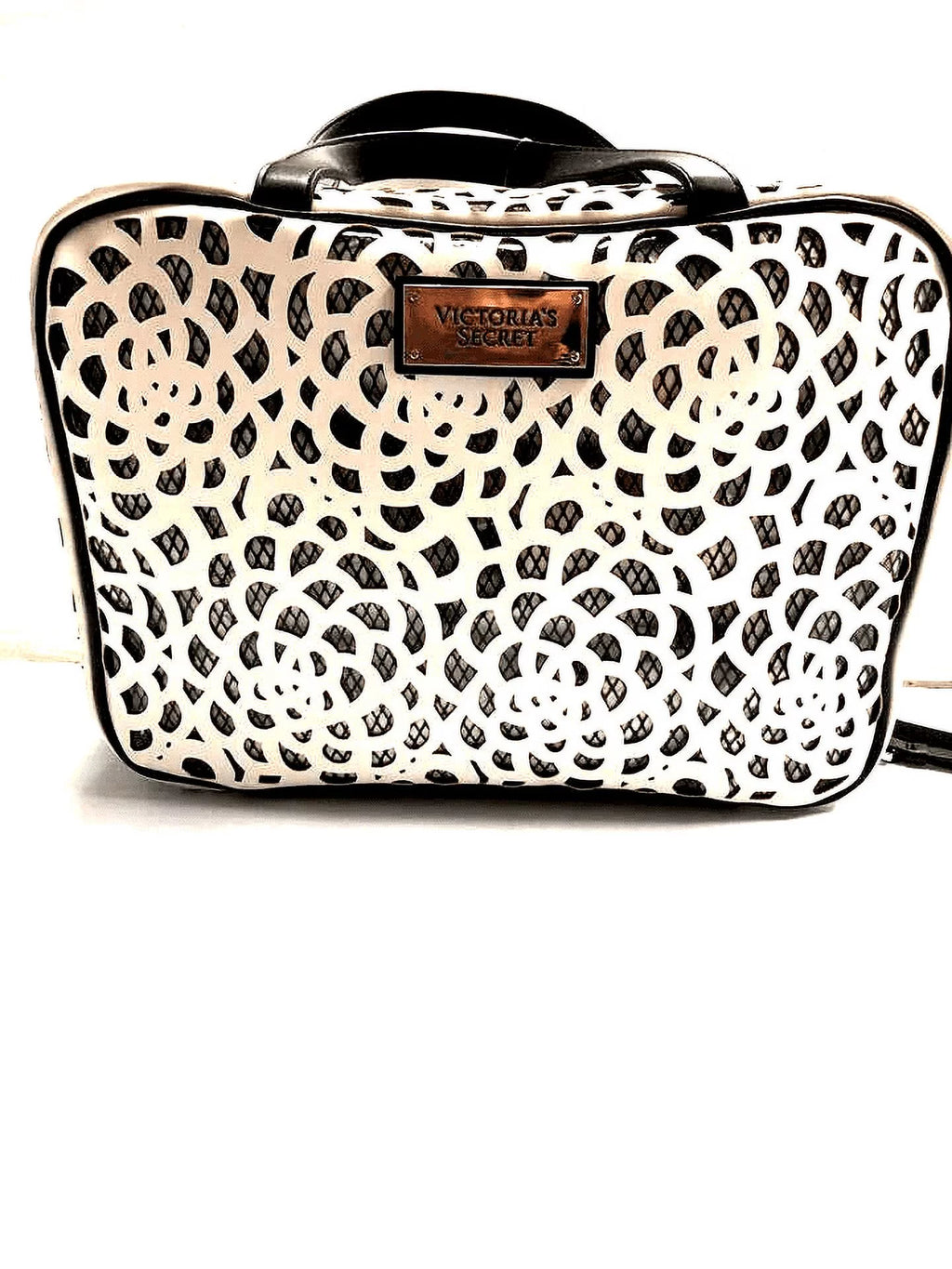 Victoria's Sizeecret Ivory Laser Cut Faux Leather Clear Hanging Travel Bag Makeup Case New