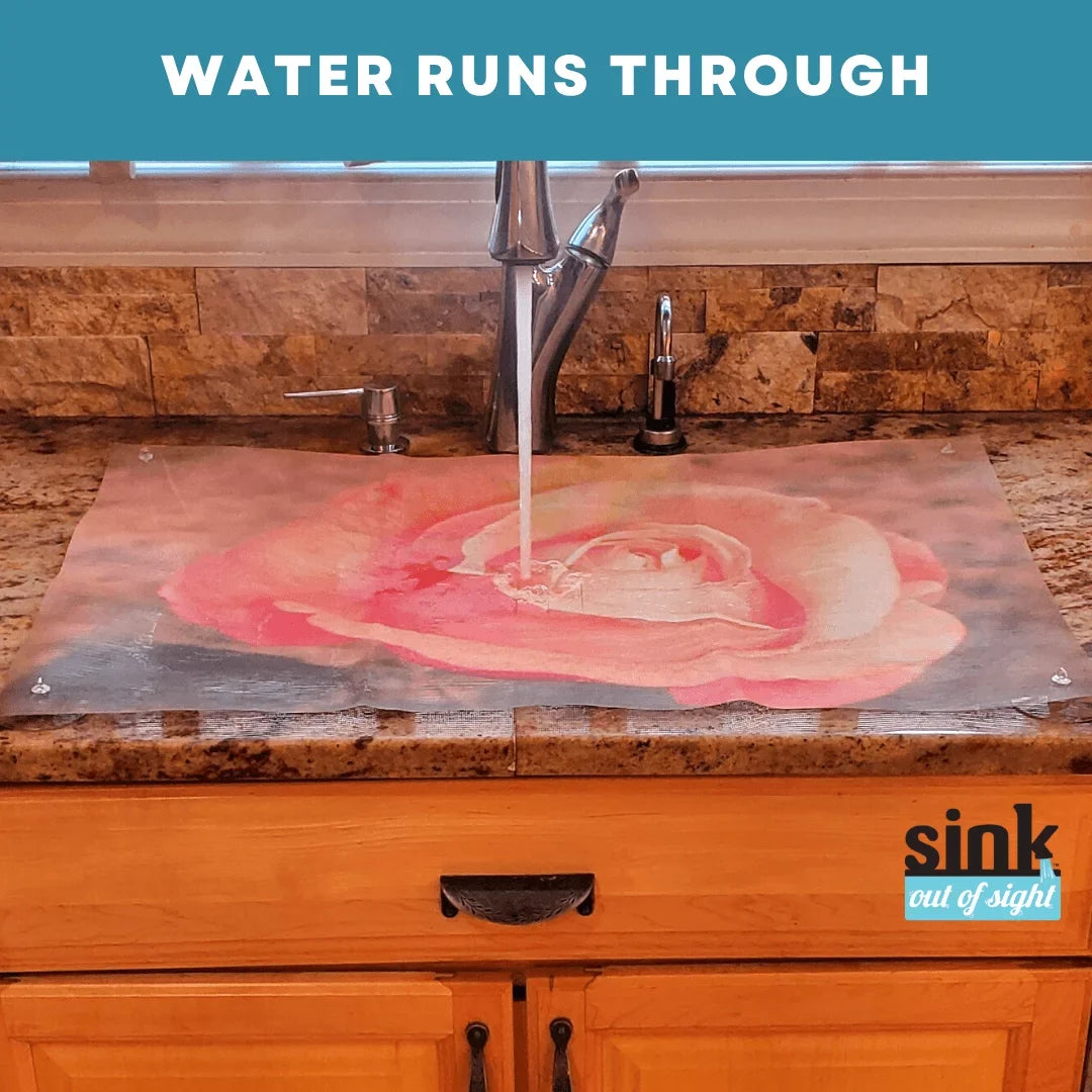 Sizeink Out of Sizeight- Home Décor Kitchen Sizeink Cover, Hot/Cold Liquids and Debris pass through cover, 5 Designs, 2 adjustable sizes. Design: Jenny's Rose Sizeize 39.5"X20" for double sink coverage -SizeK2-JR2-a