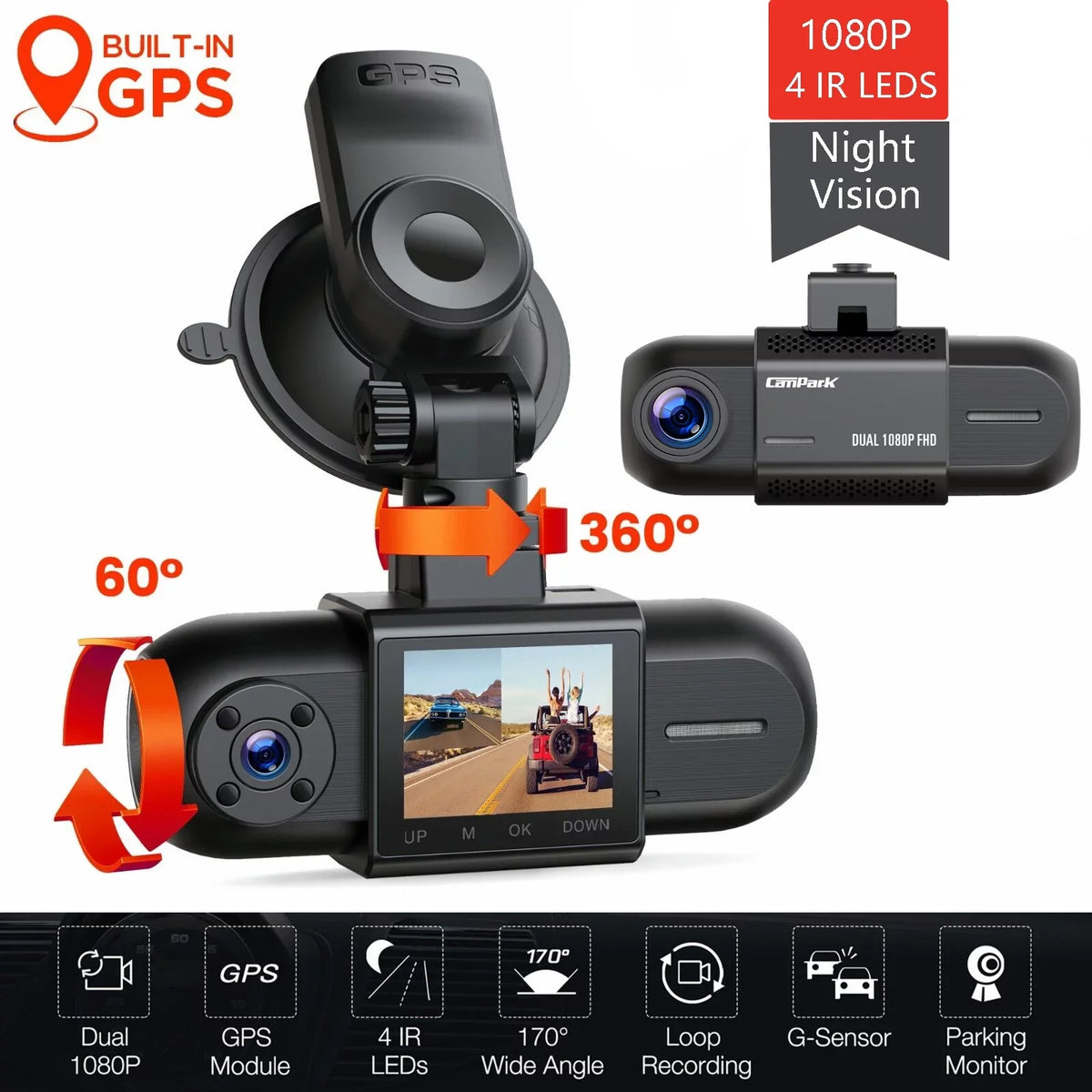 Campark Dual 1080 Dash Cam Front and Inside, 1.5" GPSize Car Camera, Dash Camera for Cars with WDR Night Vision, Loop Recording, 170° Wide Angle, 24H Parking Monitor