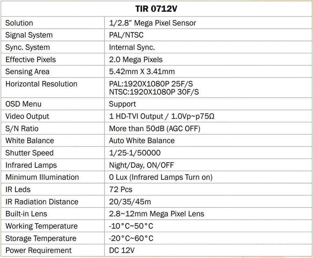 Eyemax TIR-0712V-B HD-TVI 2MP Outdoor Bullet Camera, 2.8-12mm, 72 IR LED 12V DC