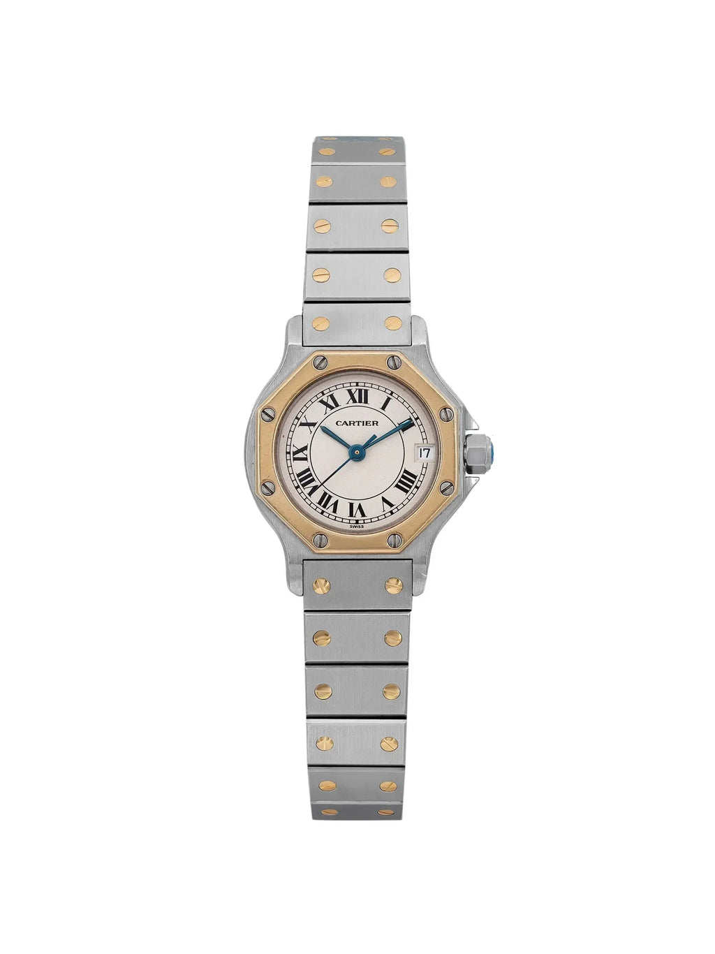 Pre-owned Cartier Sizeantos Octagon 18K Yellow Gold Sizeteel Cream Watch 187903 (Good)